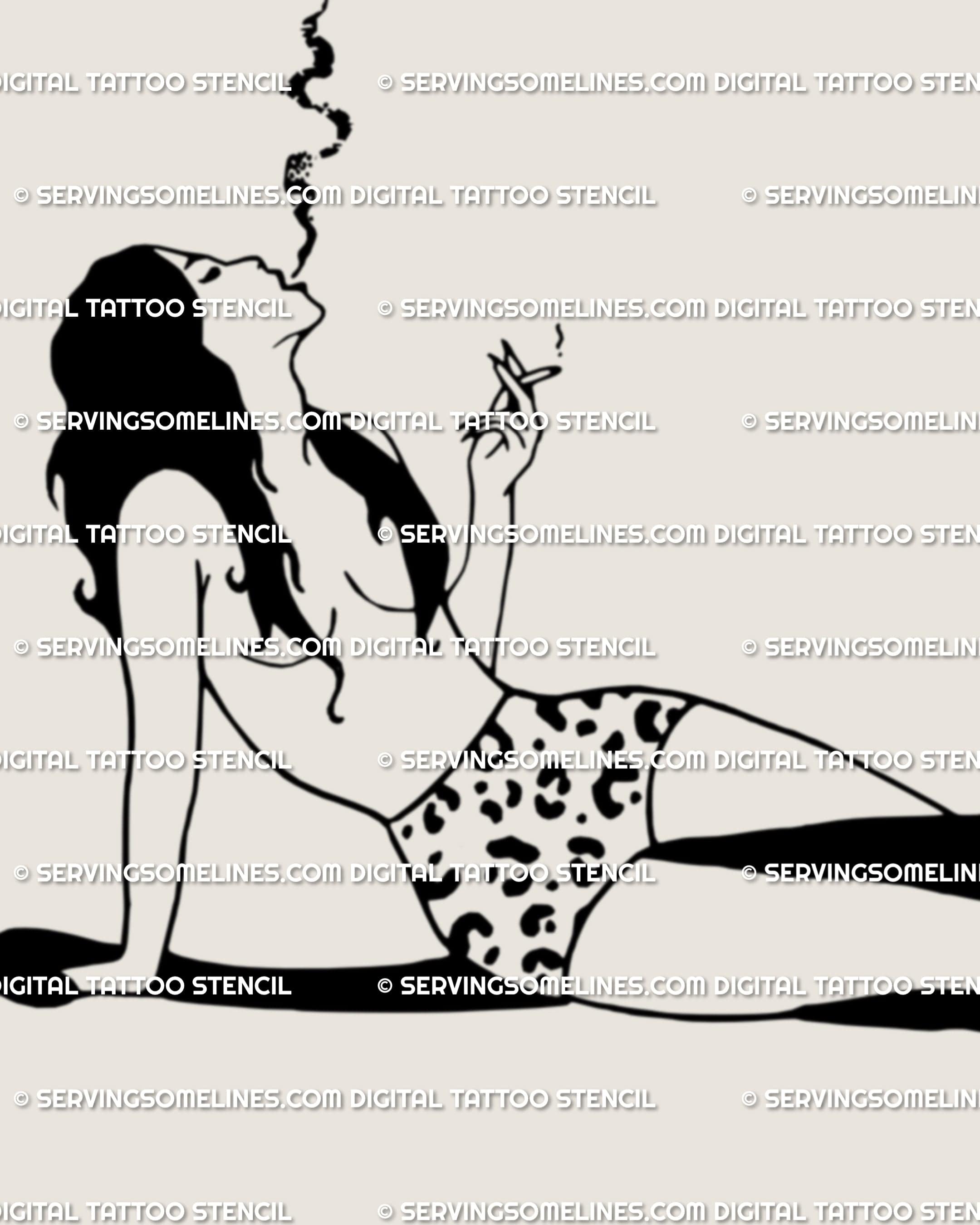 Close-up of girl smoking tattoo stencil, showing fine line art details, gothic feminine tattoo flash with panther and woman symbolism.