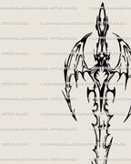 Close-up of gothic cyber sword tattoo stencil, dragon-wing blade details and tribal ornament lines drawn in fantasy blackwork.