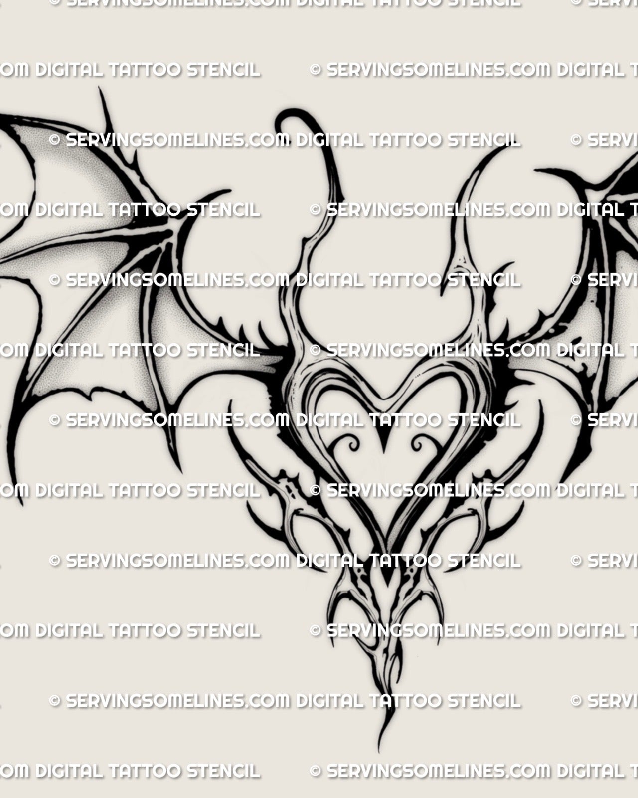 close up of gothic bat wing heart tattoo stencil featuring ornamental tribal lines for women looking for unique small gothic tattoos