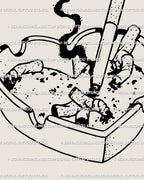Close-up of heartbreak tattoo design, showing heart-shaped ashtray linework with smoke and crushed cigarettes in minimalist grunge style.