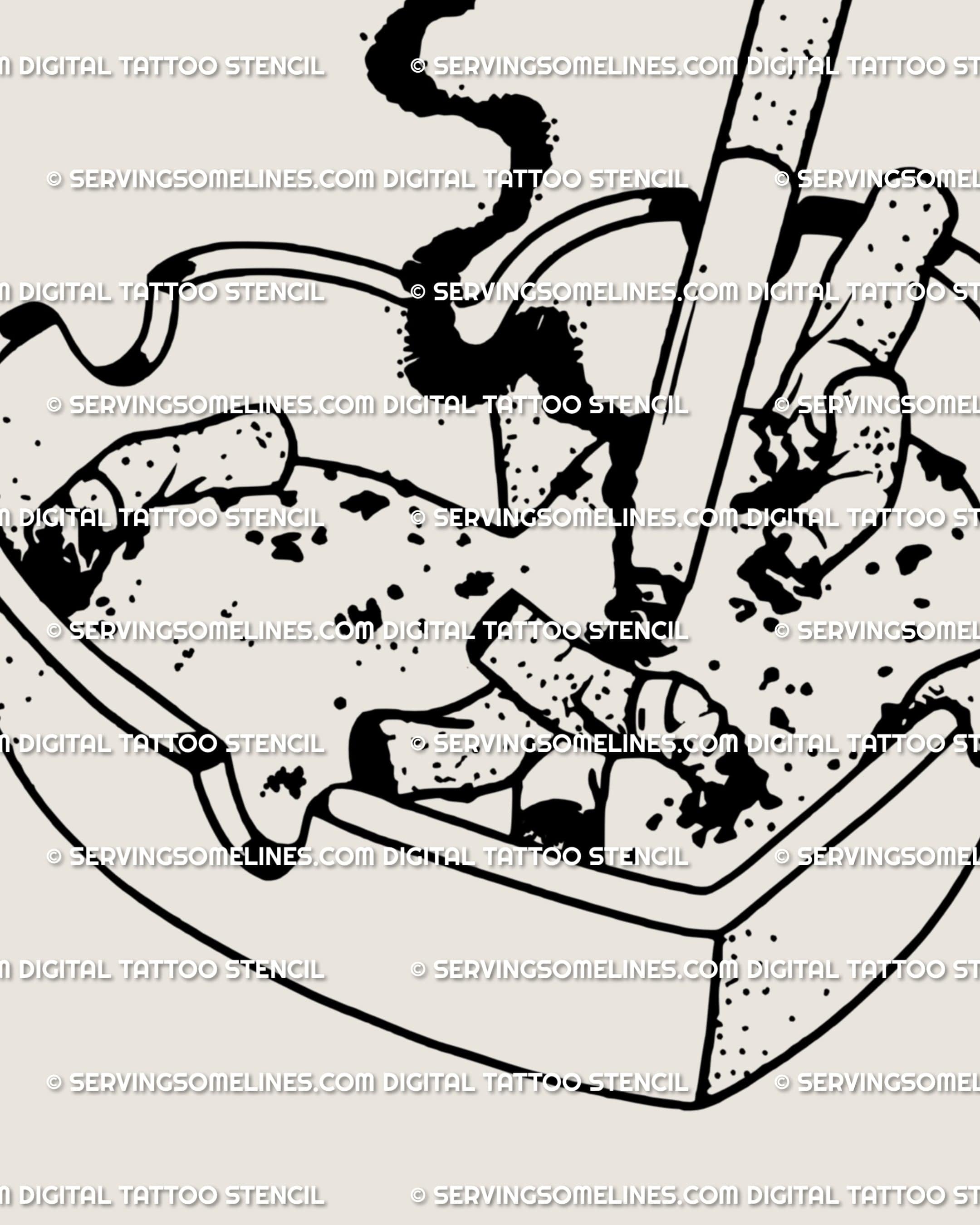 Close-up of heartbreak tattoo design, showing heart-shaped ashtray linework with smoke and crushed cigarettes in minimalist grunge style.