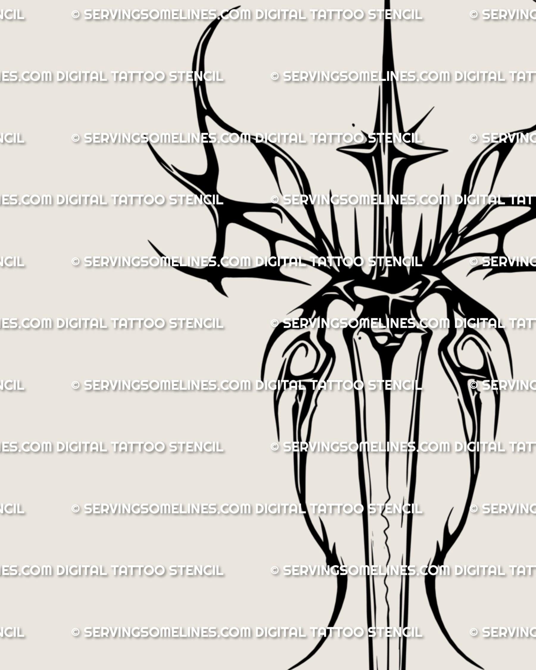 Close-up of gothic moth tattoo design showing butterfly dagger blade and fine black tribal detailing.