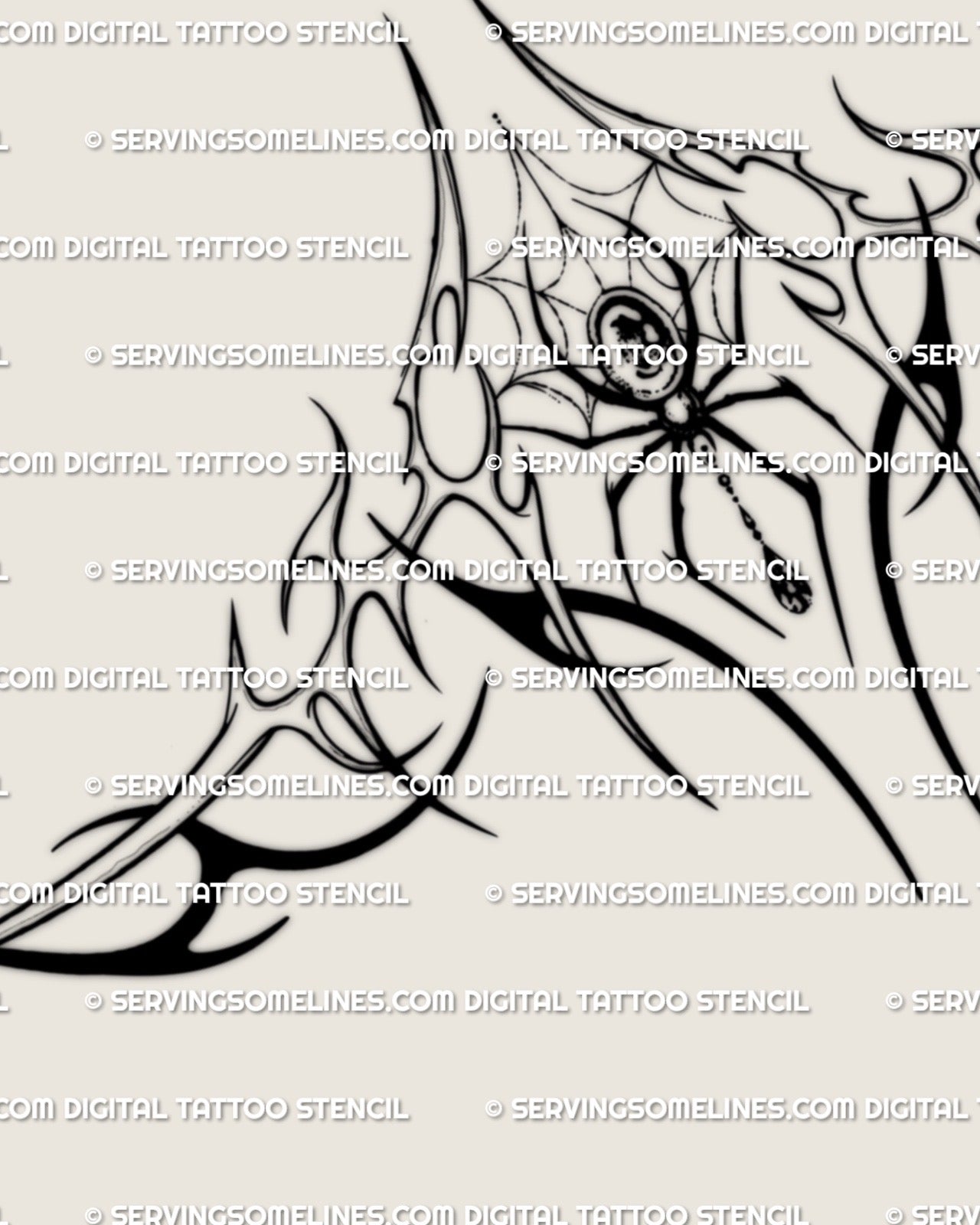 close up of gothic spider chest tattoo stencil, detailed underbust linework in witchy dark feminine style