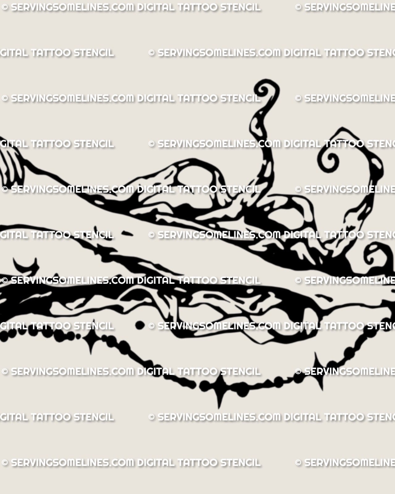 Close-up of horned fairy tattoo stencil showing wing details and fine fantasy linework in feminine fae tattoo style.