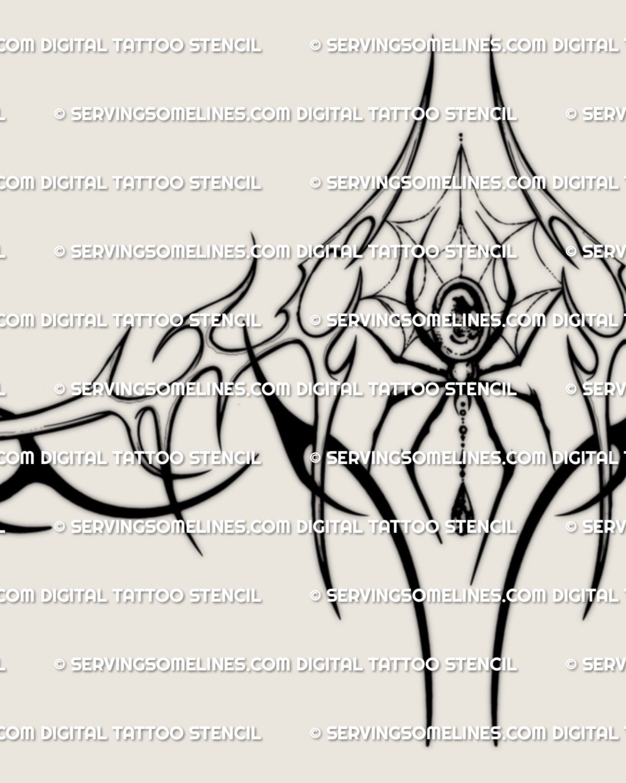 close up of spider underbust tattoo stencil with gothic sternum framing and dark feminine ornamental linework