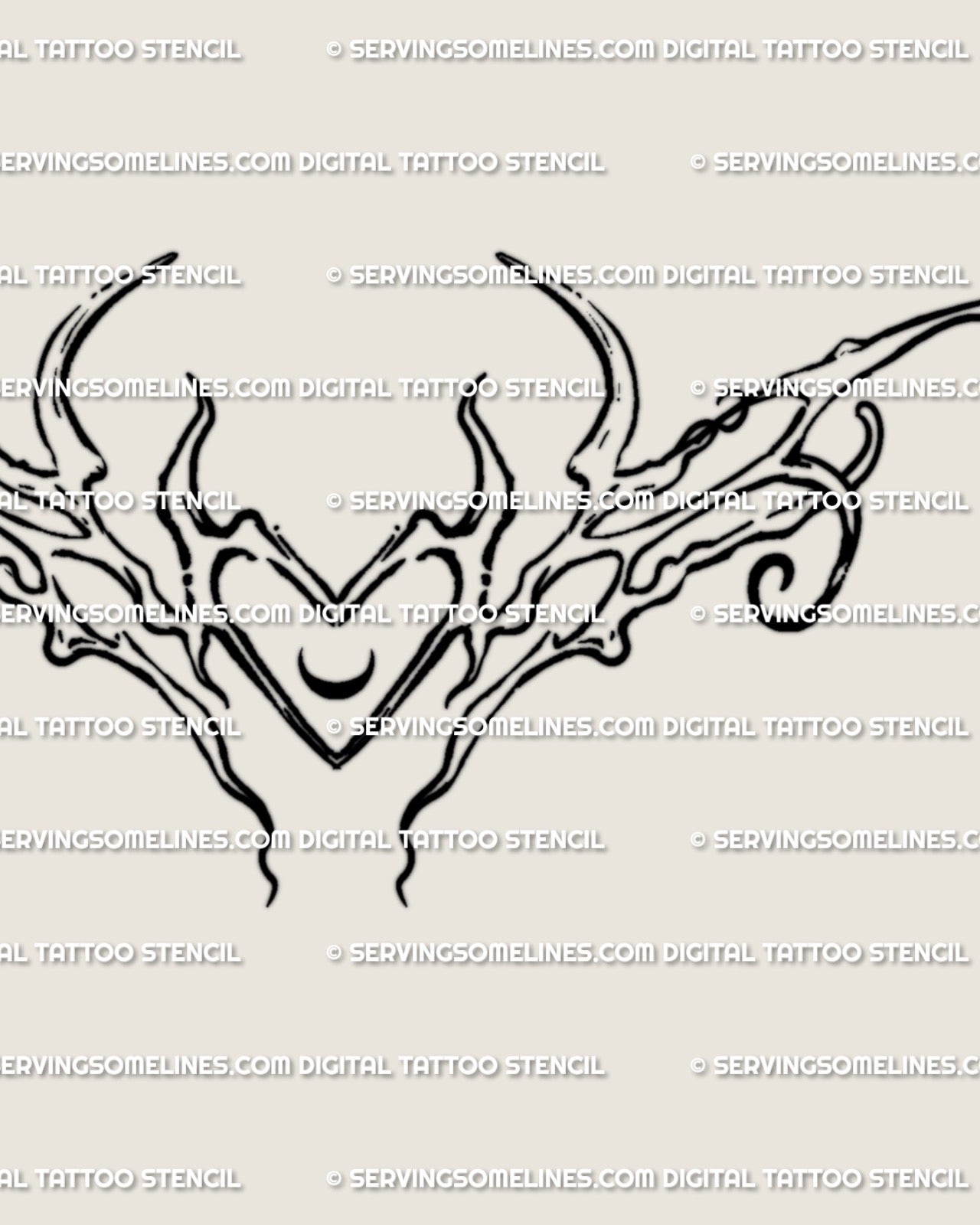 Close-up detail of Taurus cyber tribal heart horns tattoo stencil, fine ornamental line art with clean symmetry and digital precision.