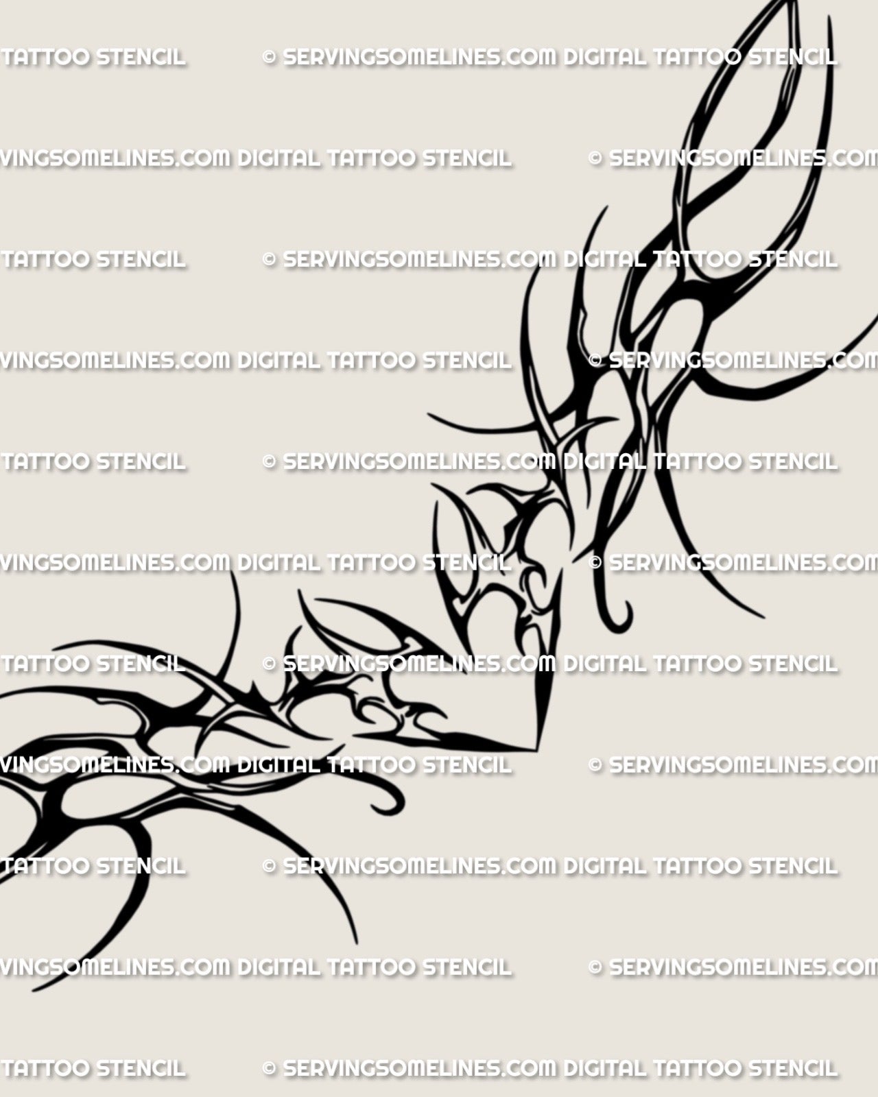 Close-up of thorn heart wings tattoo stencil showing fine neotribal ornament linework, spiky vines, and gothic lower back tattoo detailing.