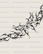 Close-up of whimsical cyber butterfly tattoo design, ornamental linework showing spiky gothic wings and clean cybersigilism detailing.