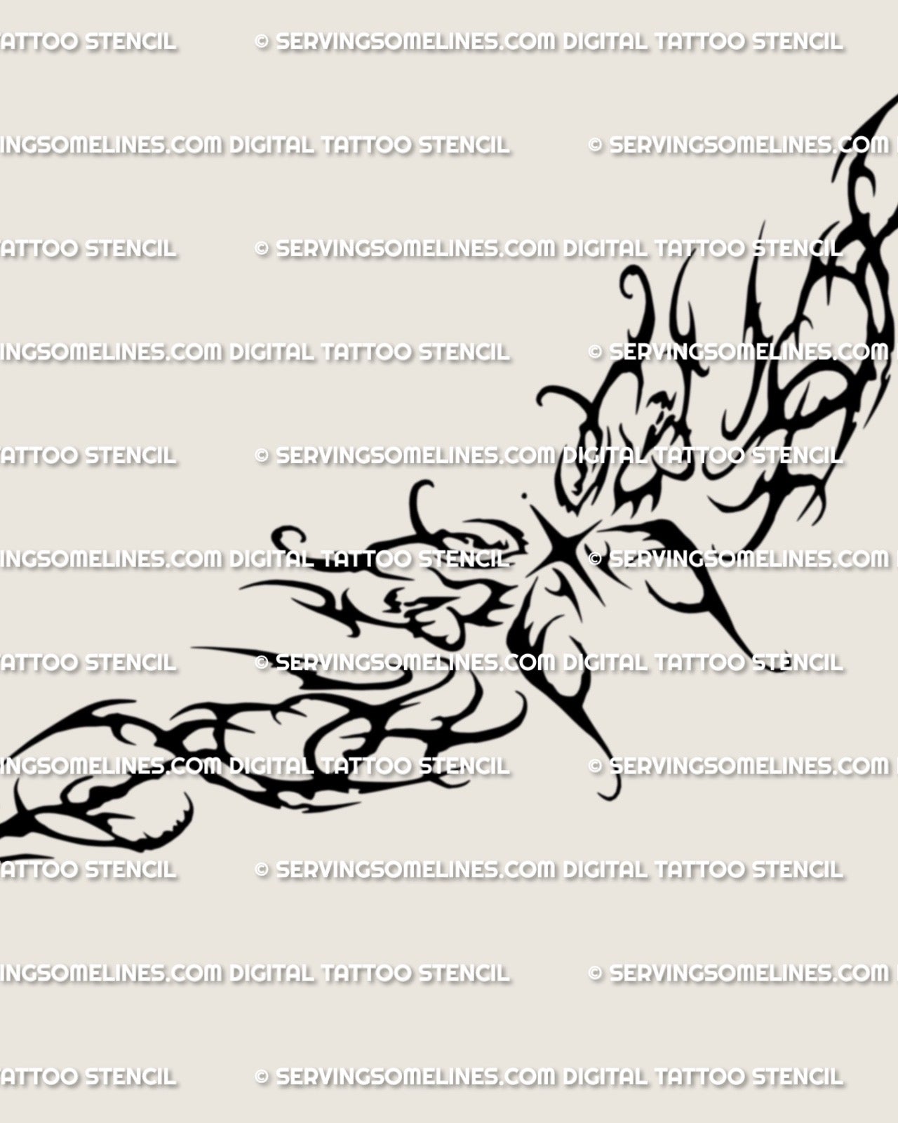 Close-up of whimsical cyber butterfly tattoo design, ornamental linework showing spiky gothic wings and clean cybersigilism detailing.