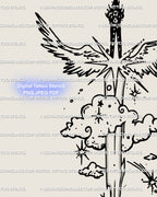 Winged blade tattoo stencil close up view, showing sharp sword detail framed by angel wings and celestial flourishes, ready as tattoo linework.