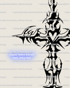 Close-up view of neotribal gothic cross art, sharp ornamental blackwork linework forming a cybertribal crucifix style.