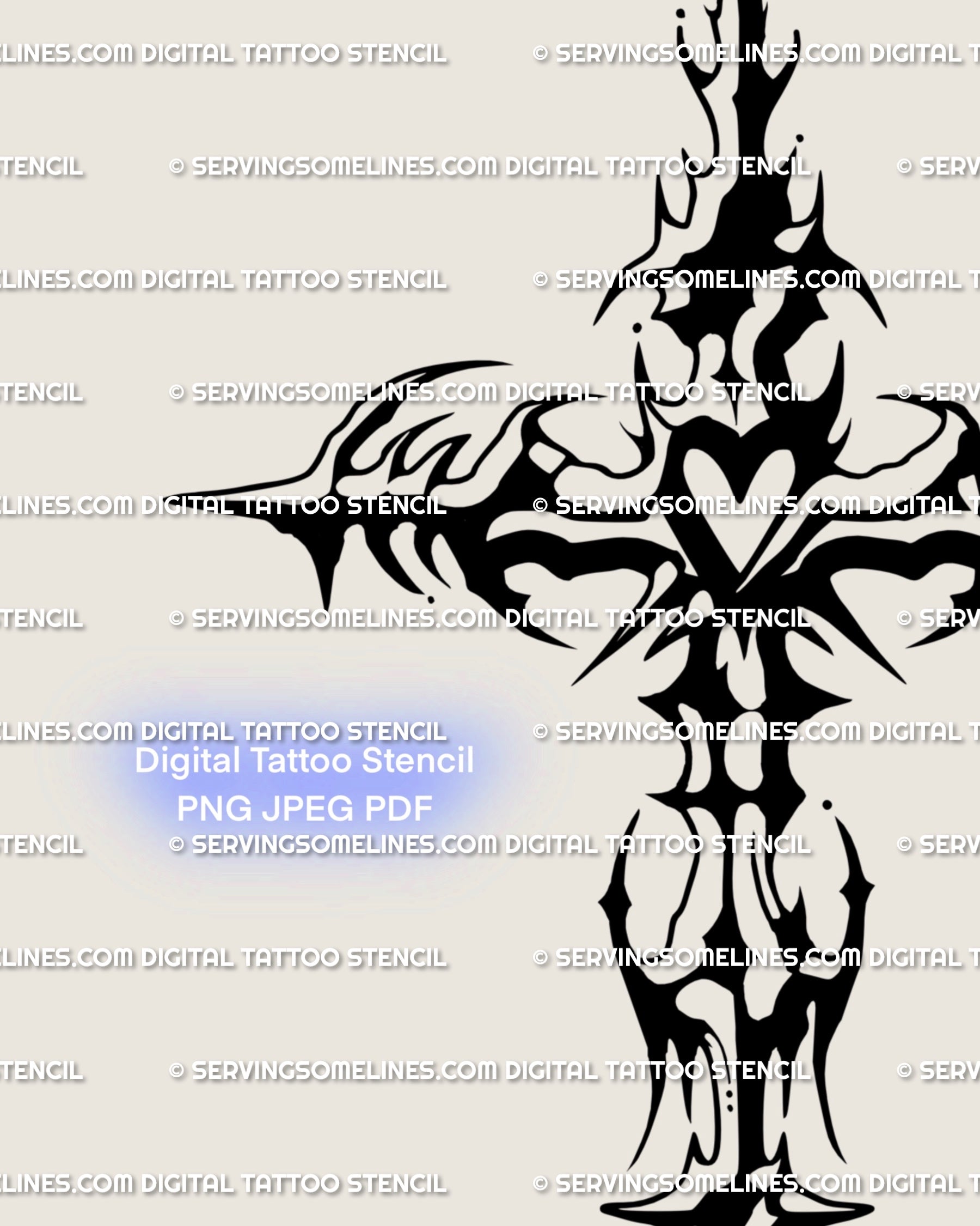 Close-up view of neotribal gothic cross art, sharp ornamental blackwork linework forming a cybertribal crucifix style.
