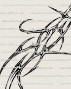 Close up of cyber sigil waist tattoo design showing chrome abstract curves, rib accents and spiky detailing used for feminine sidebody ornament