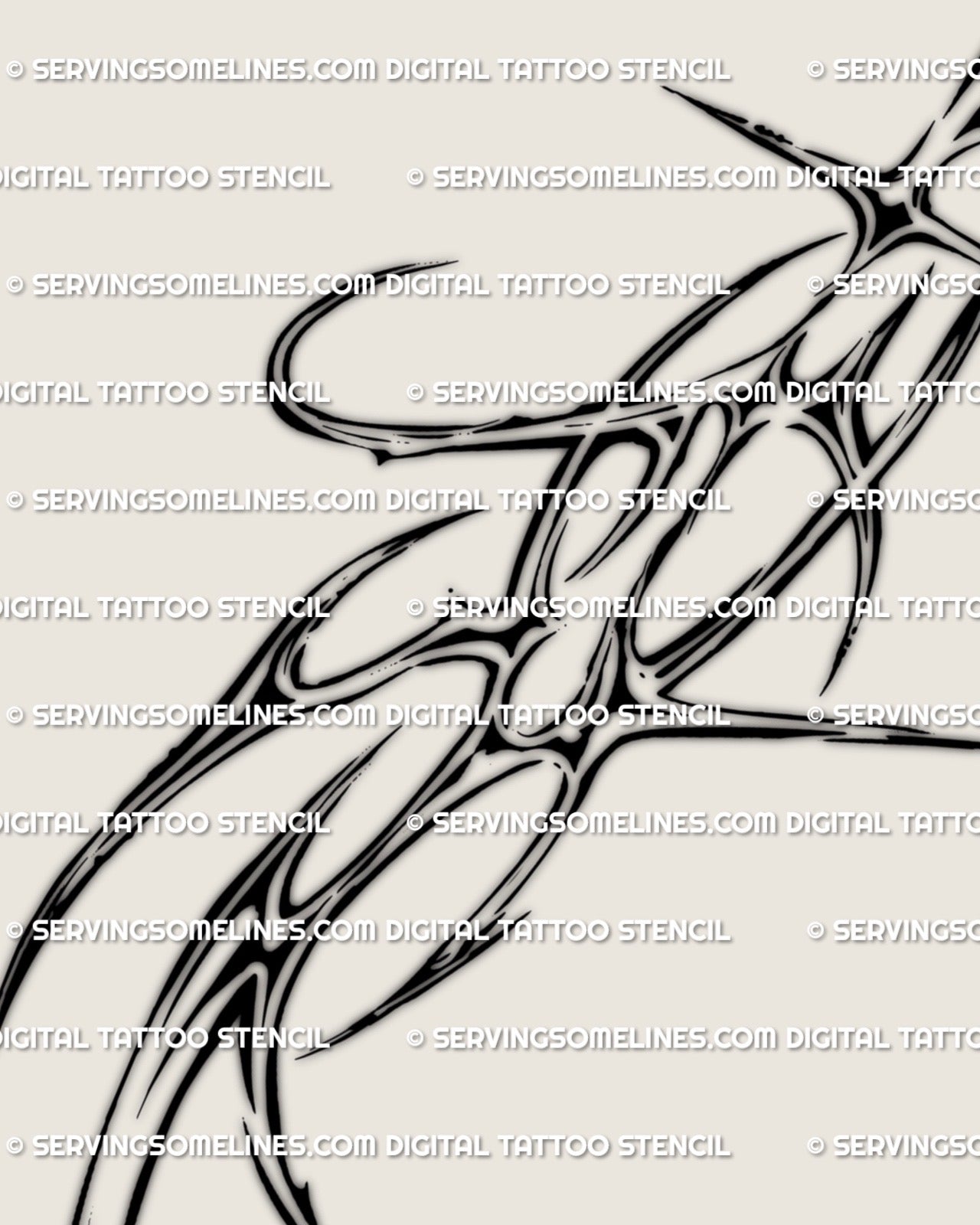 Close up of cyber sigil waist tattoo design showing chrome abstract curves, rib accents and spiky detailing used for feminine sidebody ornament