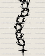 Close-up of gothic spine tattoo stencil showing sharp neotribal chain detail with spiky points and occult star charm, bold blackwork digital tattoo file.