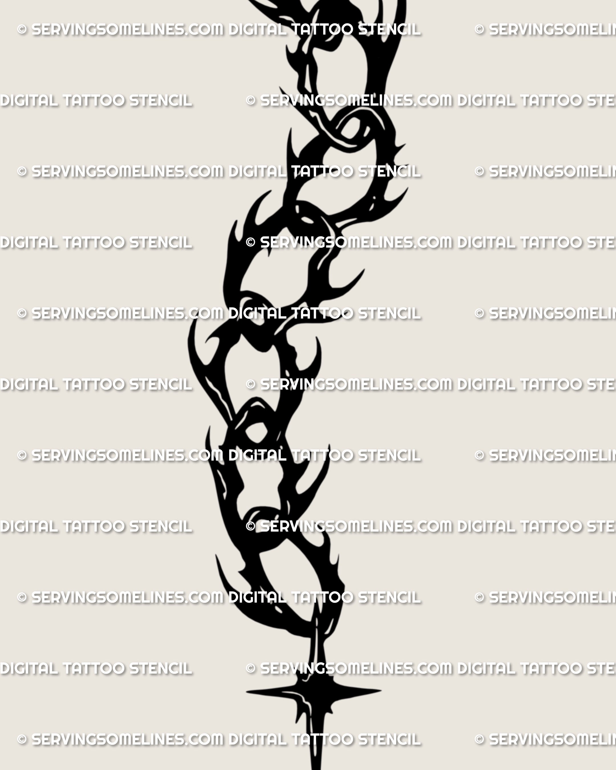 Close-up of gothic spine tattoo stencil showing sharp neotribal chain detail with spiky points and occult star charm, bold blackwork digital tattoo file.