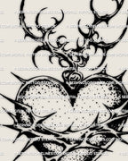 Close-up of barbed wire sacred heart, thorn crown and flame tips, sharp blackwork lines for a dark heart tattoo