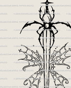 Close-up of spider hilt and butterfly-shaped spiderweb wings on a gothic sword tattoo design, showing cybersigilism linework and neotribal anchors for crisp stencil detail.