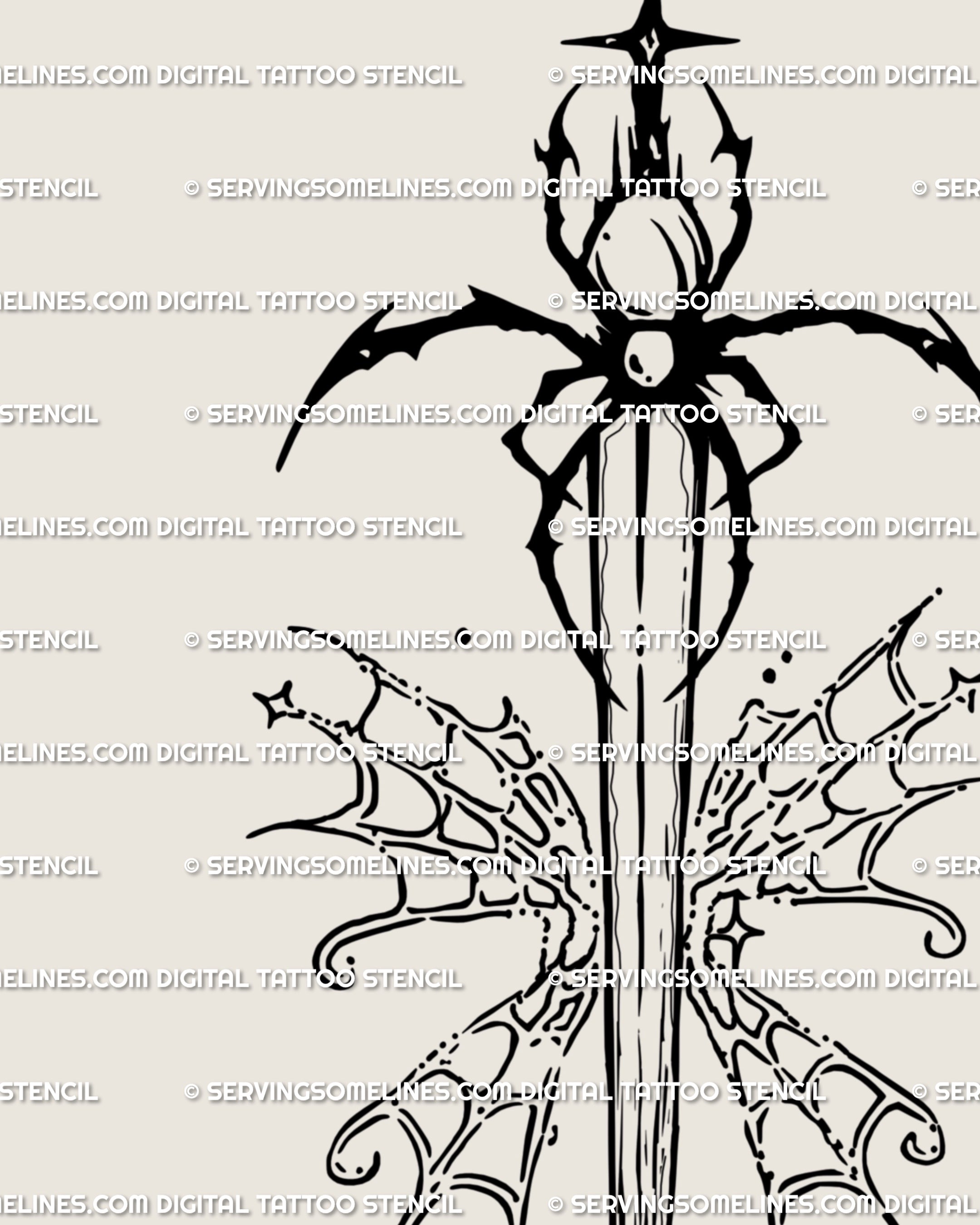 Close-up of spider hilt and butterfly-shaped spiderweb wings on a gothic sword tattoo design, showing cybersigilism linework and neotribal anchors for crisp stencil detail.