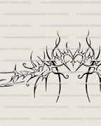 Close-up of baroque cyber tribal sternum tattoo stencil showing sharp ornamental lines and spiky heart centerpiece in feminine gothic flow.