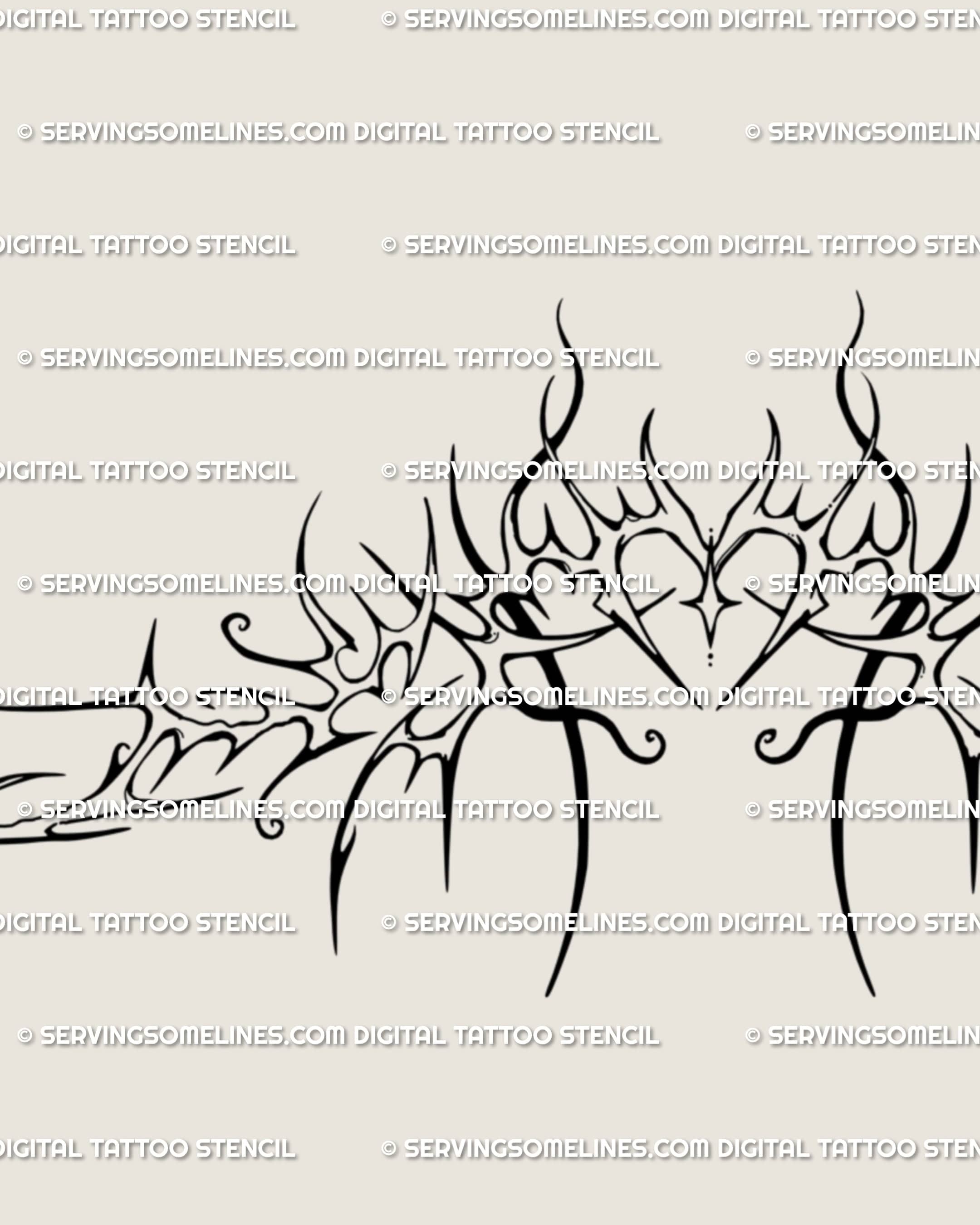 Close-up of baroque cyber tribal sternum tattoo stencil showing sharp ornamental lines and spiky heart centerpiece in feminine gothic flow.