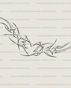 Close-up of gothic thorn heart tattoo stencil in cyber neotribal linework, elegant feminine tattoo design for rib cage or sternum area.