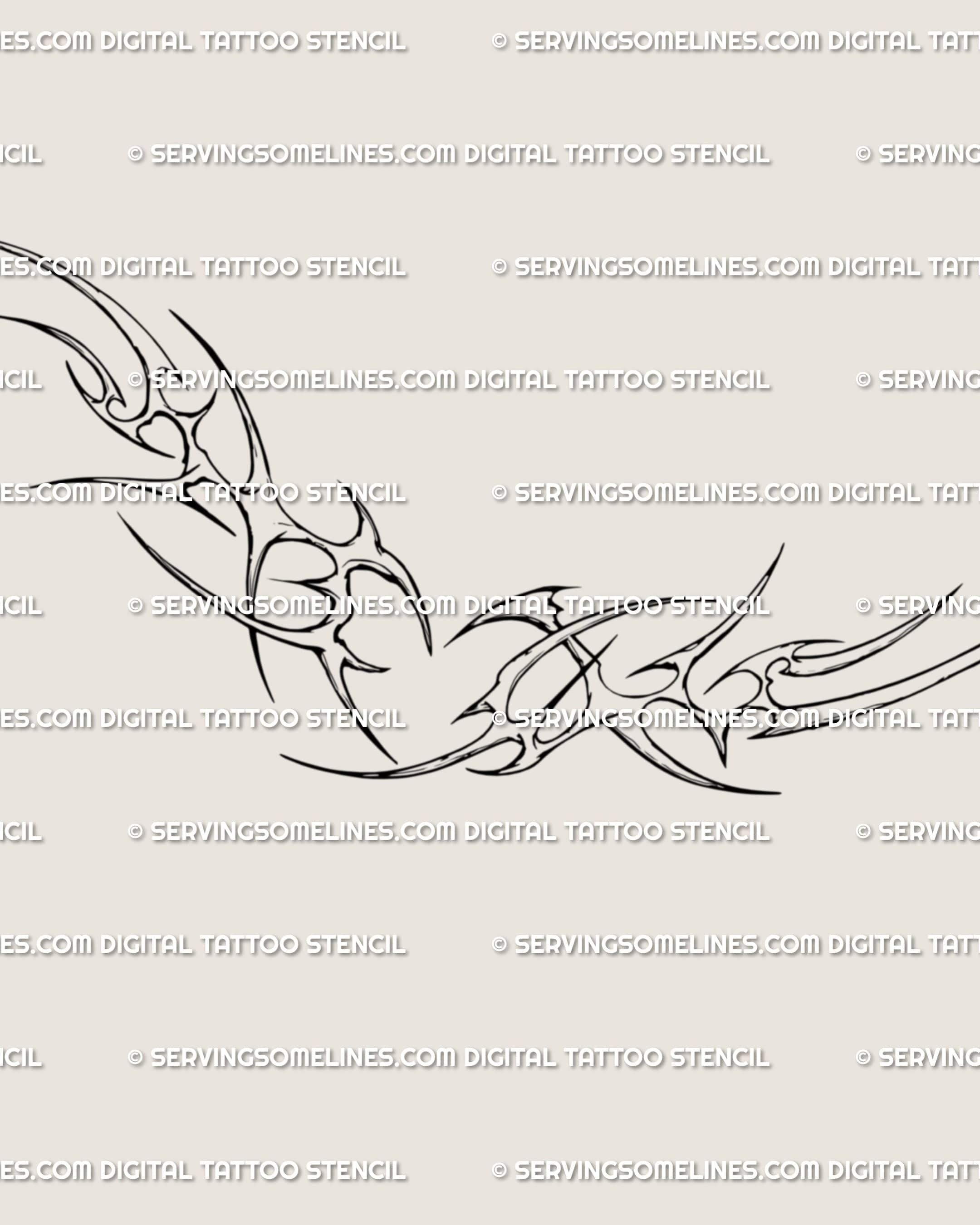 Close-up of gothic thorn heart tattoo stencil in cyber neotribal linework, elegant feminine tattoo design for rib cage or sternum area.