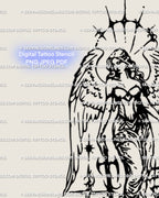 Close-up of angel tattoo linework, gothic cybersigilism wings and sword details in cybertribal blackwork ornamental flash style.