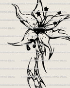 Close-up of cybersigilism lily tattoo stencil showing pierced petal detail, sharp ornamental linework mixing tribal and floral goth influences.