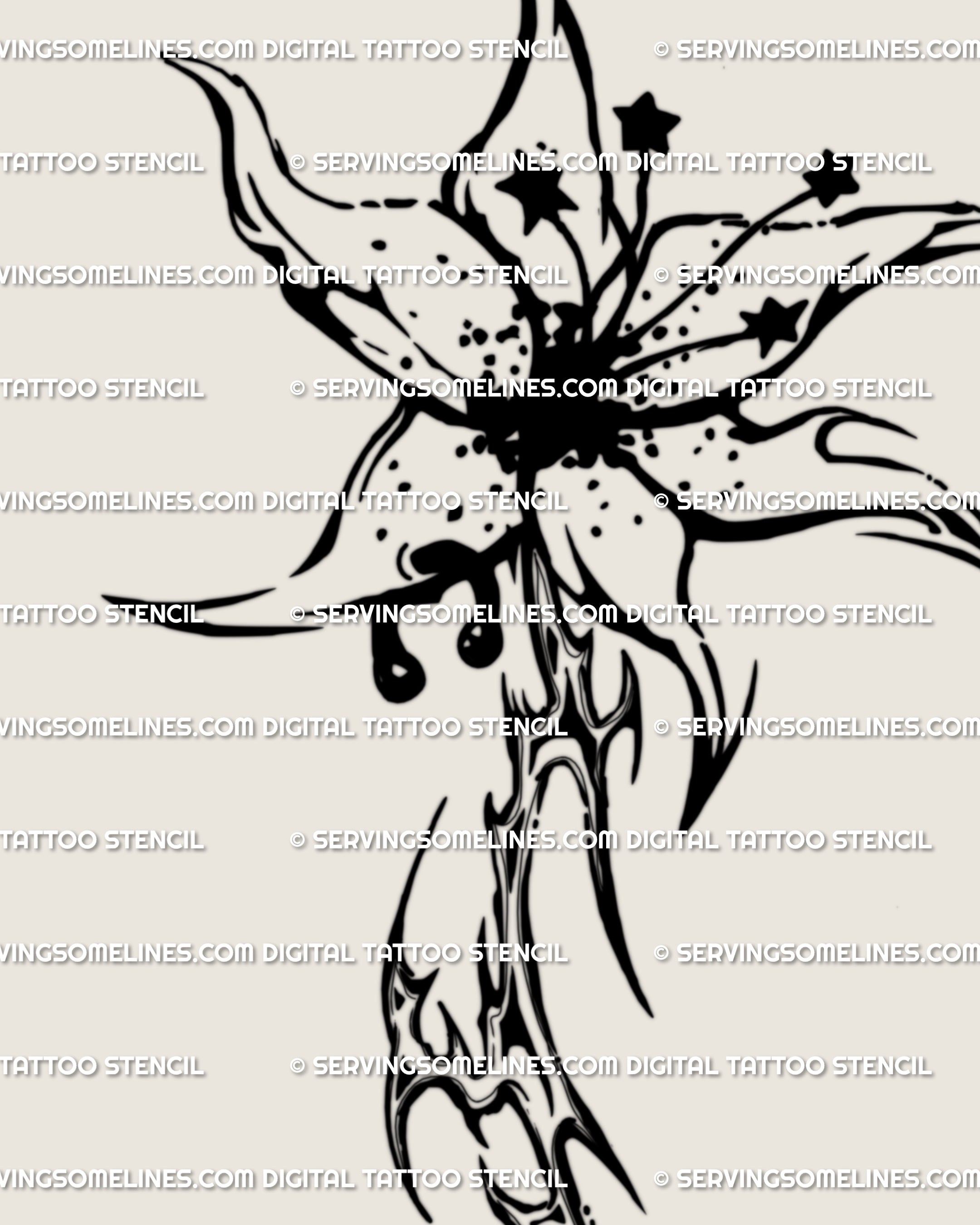 Close-up of cybersigilism lily tattoo stencil showing pierced petal detail, sharp ornamental linework mixing tribal and floral goth influences.