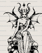 Close-up of gothic demon girl tattoo design showing horns, wings, and dark elegance, a horrorcore feminine witchy tattoo art stencil.