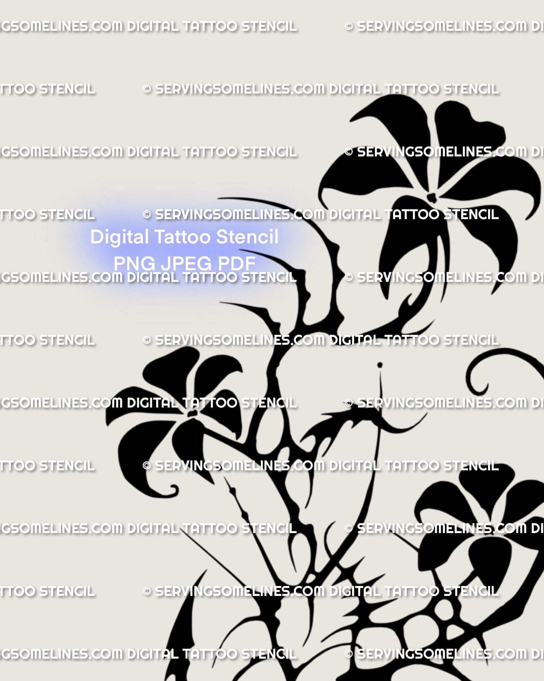 Close-up view of gothic cybersigilism flower tattoo stencil, highlighting spiky petals, emo floral geometry, and ornamental neotribal line detail.