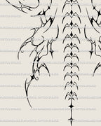Detailed close-up of a gothic backpiece tattoo stencil, ornamental spine tattoo flash with cyber tribal wings and fairy tattoo influence.