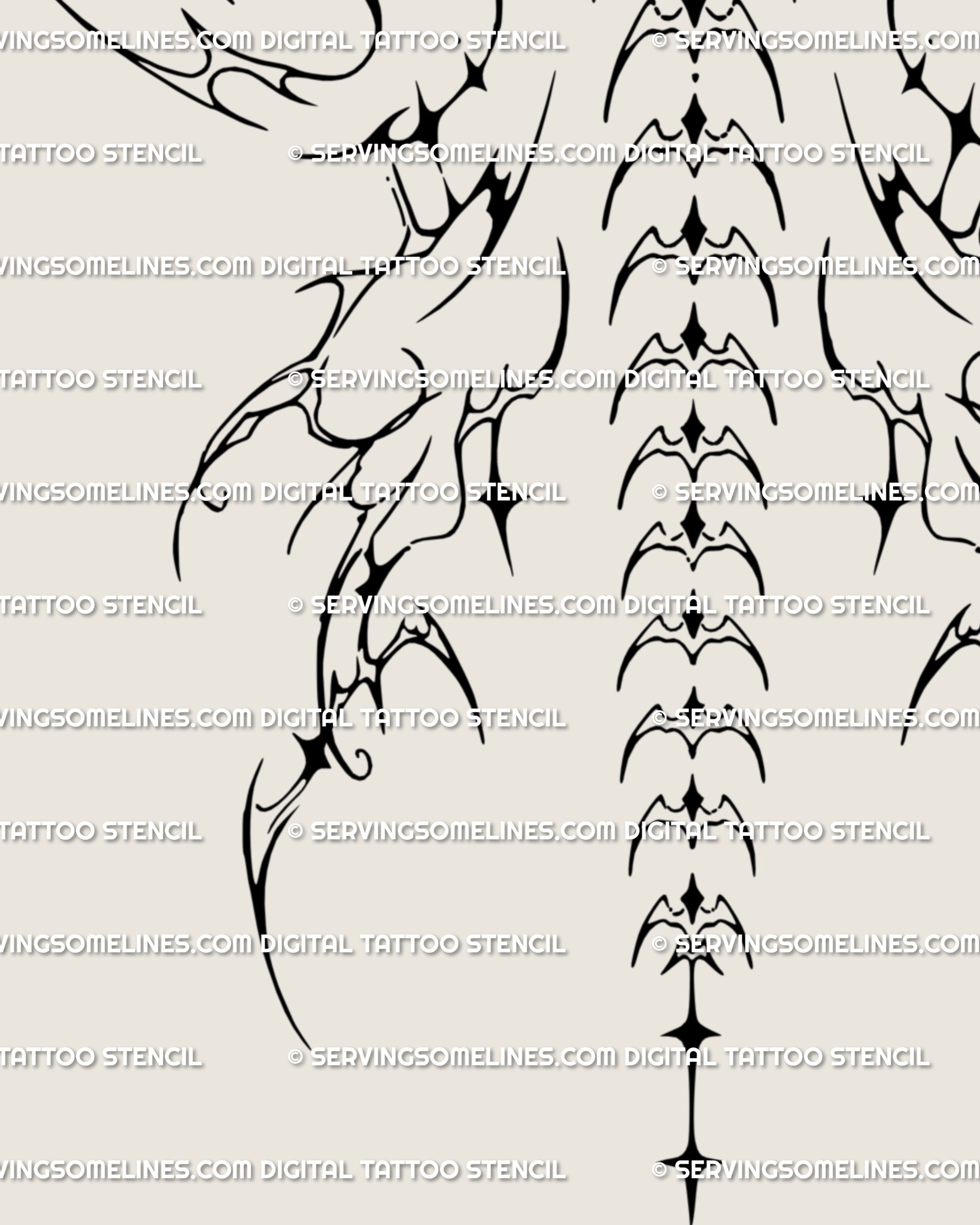 Detailed close-up of a gothic backpiece tattoo stencil, ornamental spine tattoo flash with cyber tribal wings and fairy tattoo influence.
