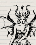 Close view of demon girl tattoo stencil showing horns and bat wings, gothic witch art blending horrorcore and feminine dark fantasy.