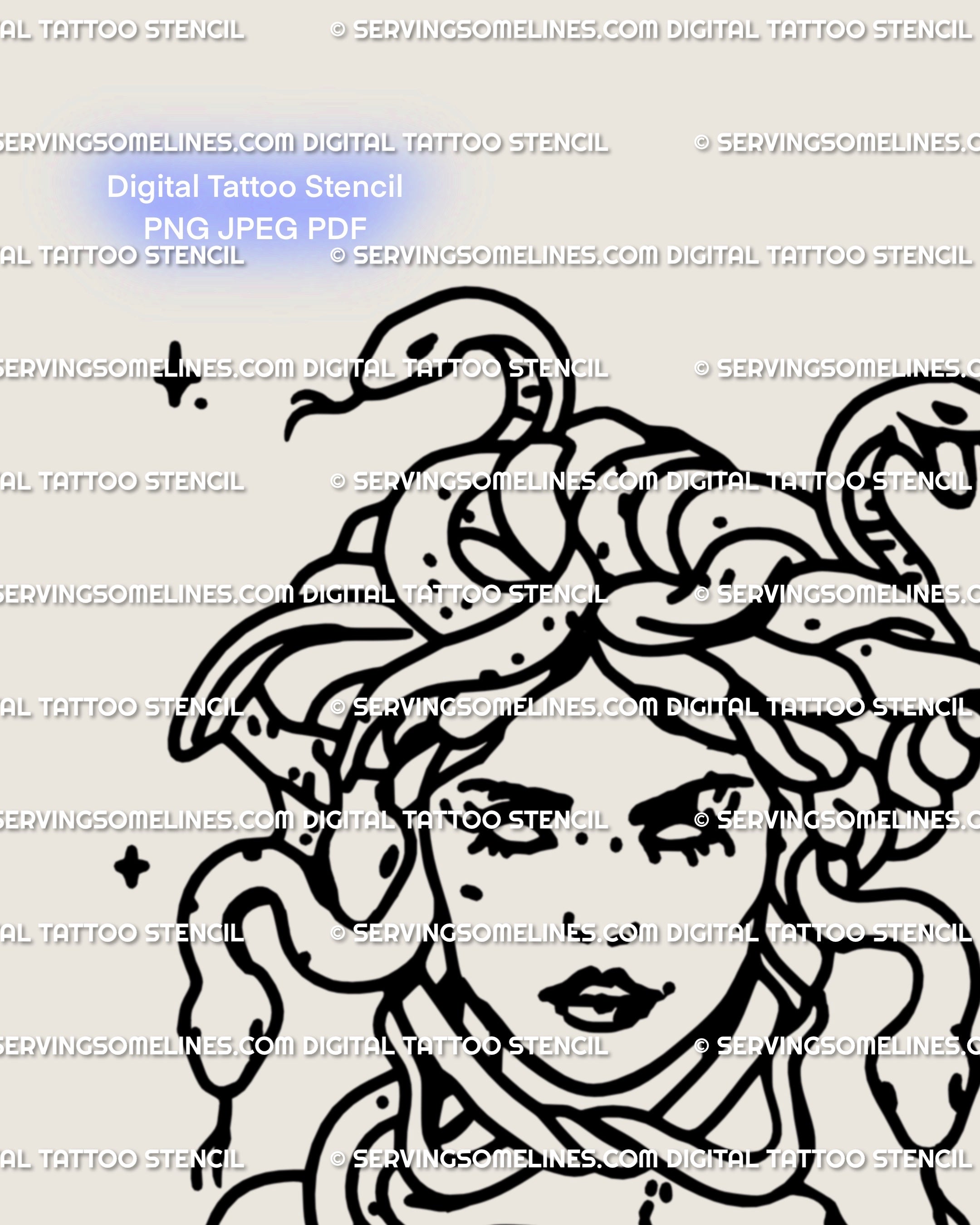 Close-up face of Medusa showing snake hair crown and cracked statue texture, minimalist gothic line art tattoo design for mythology symbolism.
