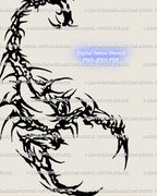 Close up of a neo gothic tribal scorpion tattoo design, cyber sigil scorpion stencil showing detailed claws and stinger, cybersigilism line art in dark gothic style.
