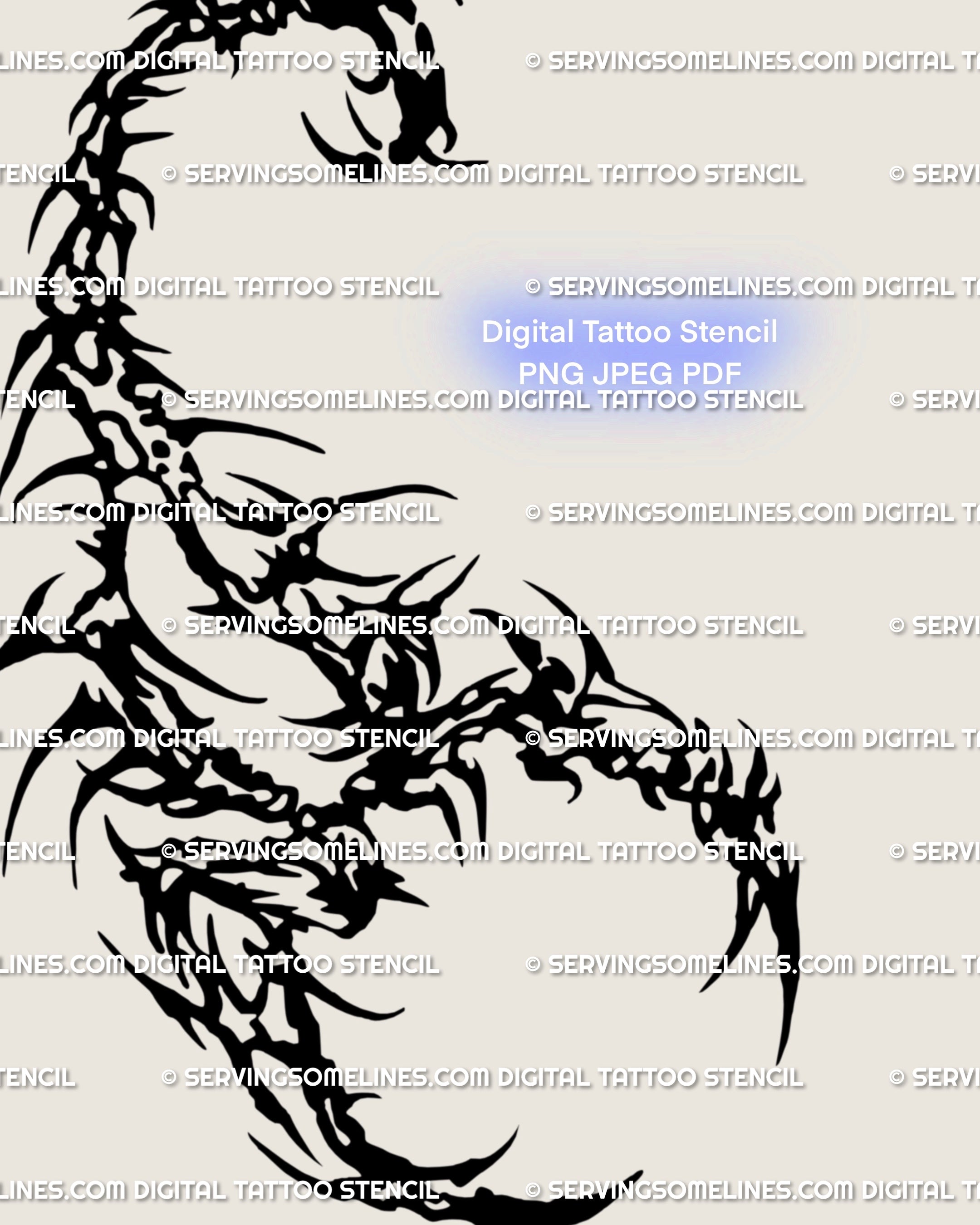 Close up of a neo gothic tribal scorpion tattoo design, cyber sigil scorpion stencil showing detailed claws and stinger, cybersigilism line art in dark gothic style.