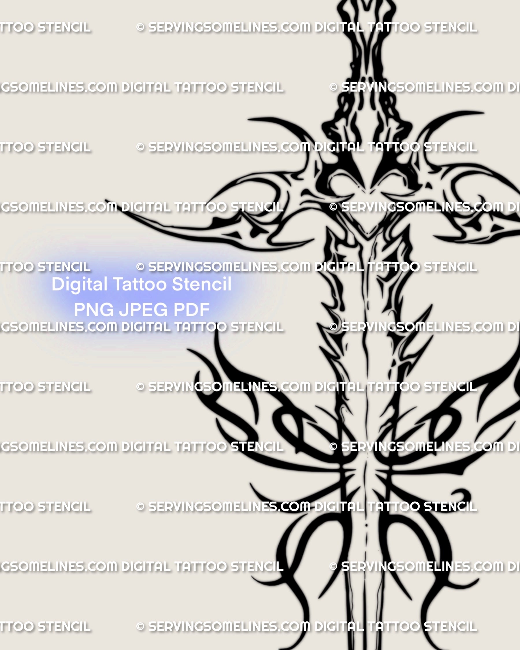 Close-up details of neotribal butterfly wings tattoo art—flaming arcs, fine hatching, and spiked heart pommel, showing precise linework and symmetry.