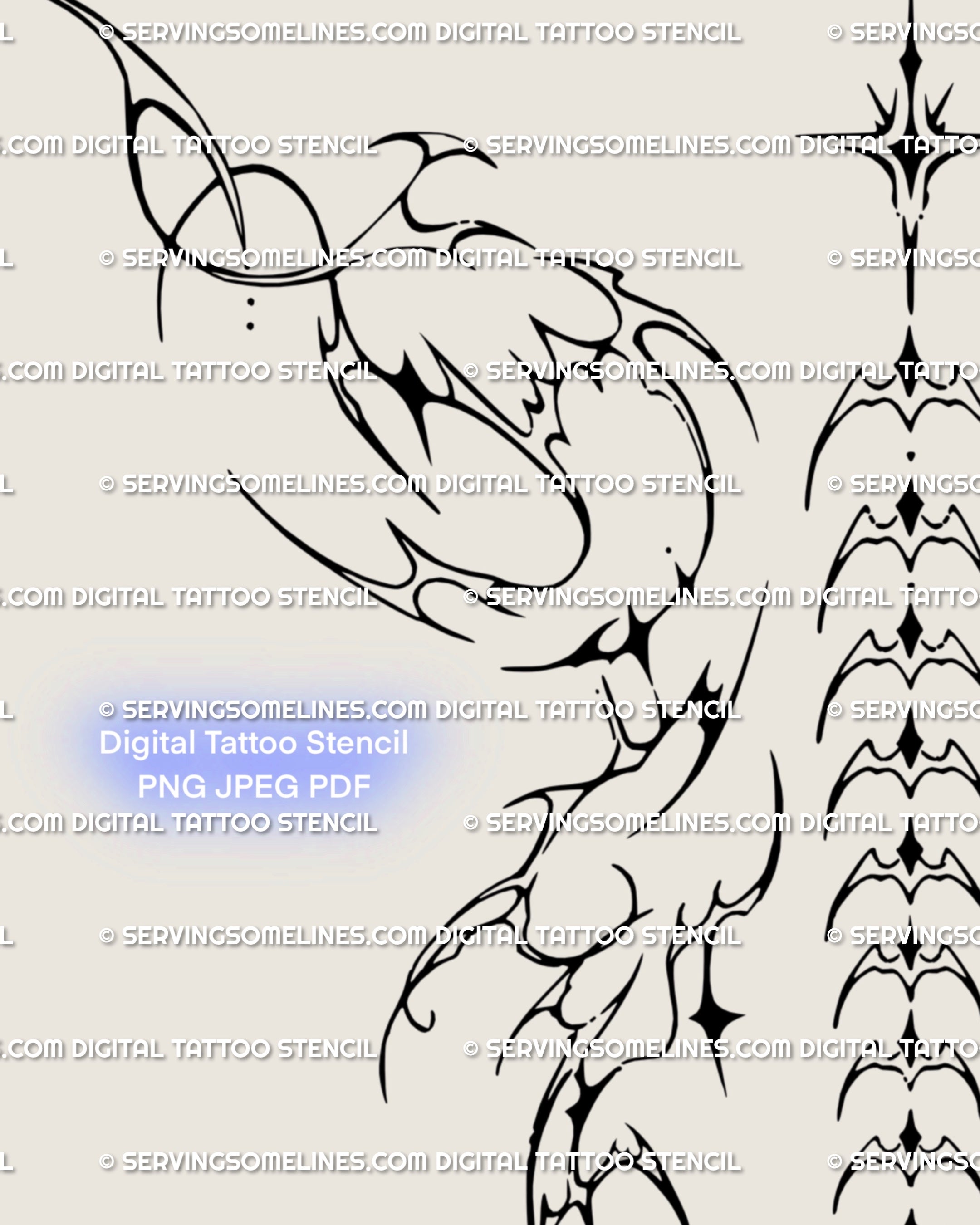 Close-up of a gothic ornamental spine tattoo flash, showing detailed cyber tribal wing linework in a unique spine tattoo stencil design.