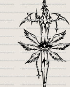 Close-up of seraphim sword tattoo line art, gothic angelcore cybertribal design with all-seeing eye and ornamental celestial symbolism.