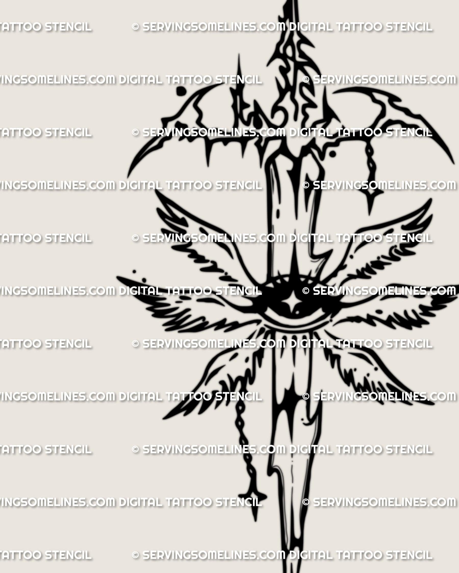 Close-up of seraphim sword tattoo line art, gothic angelcore cybertribal design with all-seeing eye and ornamental celestial symbolism.