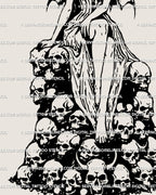 Detail of gothic demon girl tattoo showing skull throne, witchy horrorcore fantasy art, dark goddess tattoo stencil for bold placements.