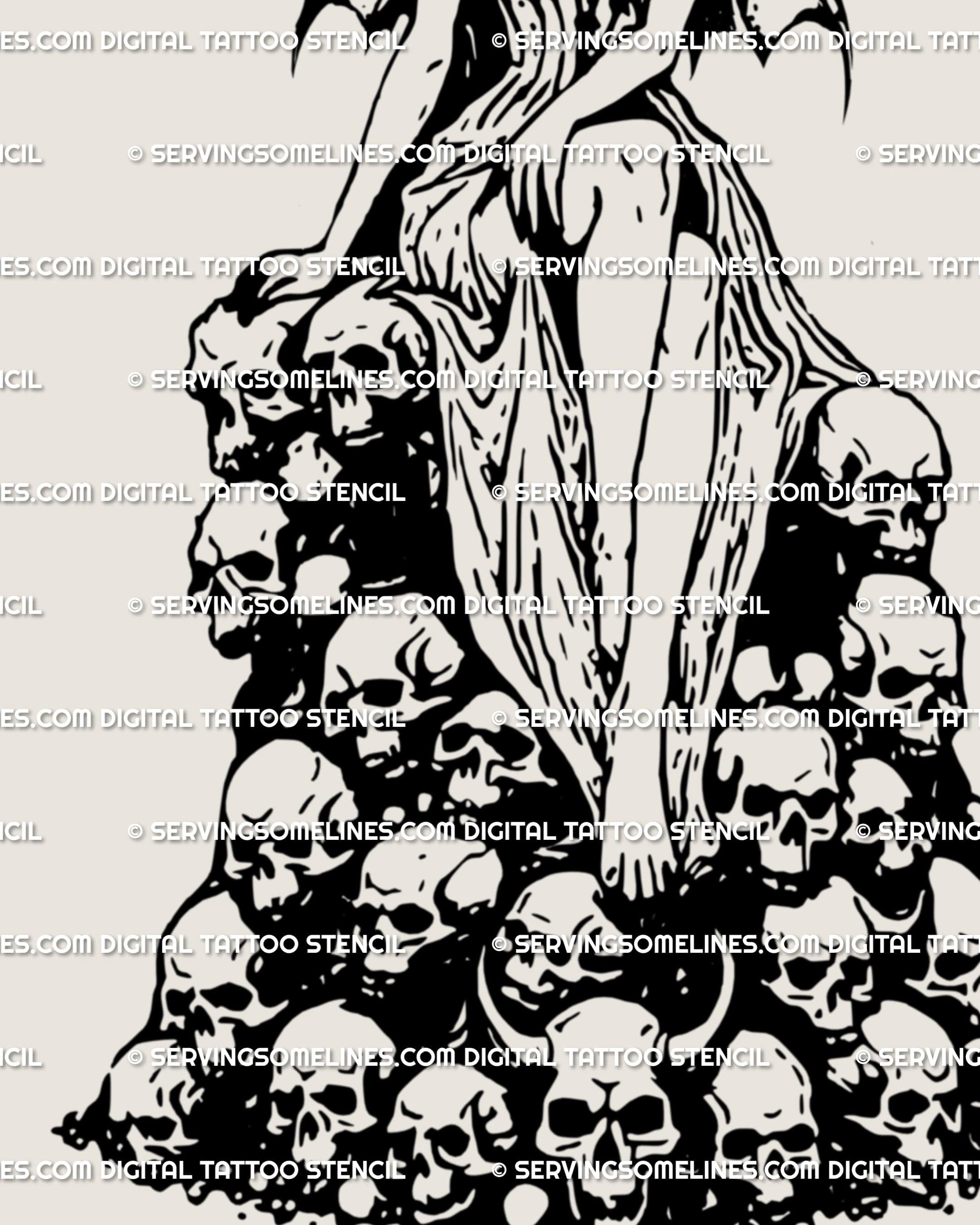 Detail of gothic demon girl tattoo showing skull throne, witchy horrorcore fantasy art, dark goddess tattoo stencil for bold placements.