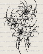 Clustered floral upper arm stencil design with layered flowers, curved stems, and pointed cyber structure