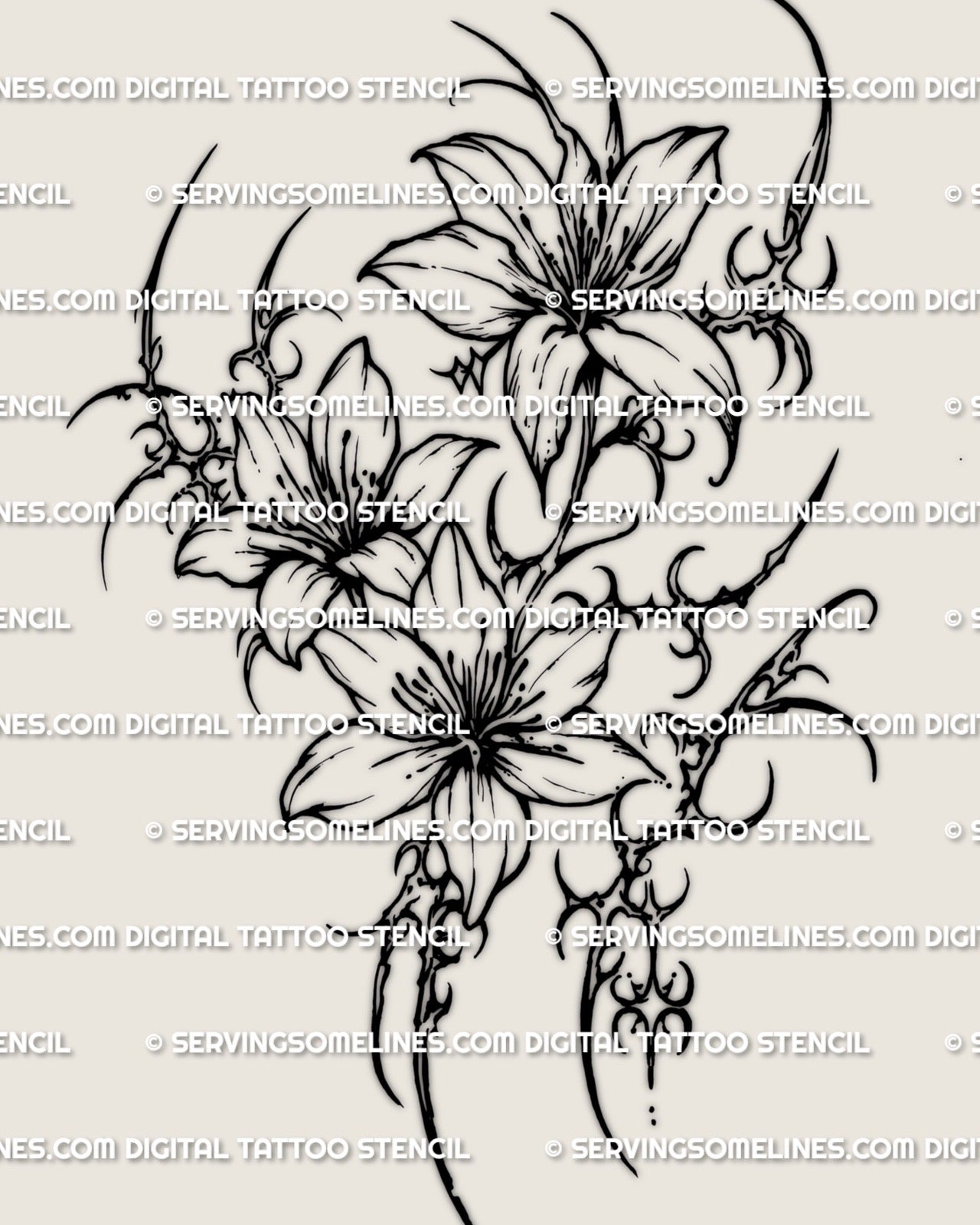 Clustered floral upper arm stencil design with layered flowers, curved stems, and pointed cyber structure