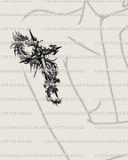 Dark dragon cross tattoo stencil displayed on a womens upper arm placement, combining gothic mood with clean stencil linework.