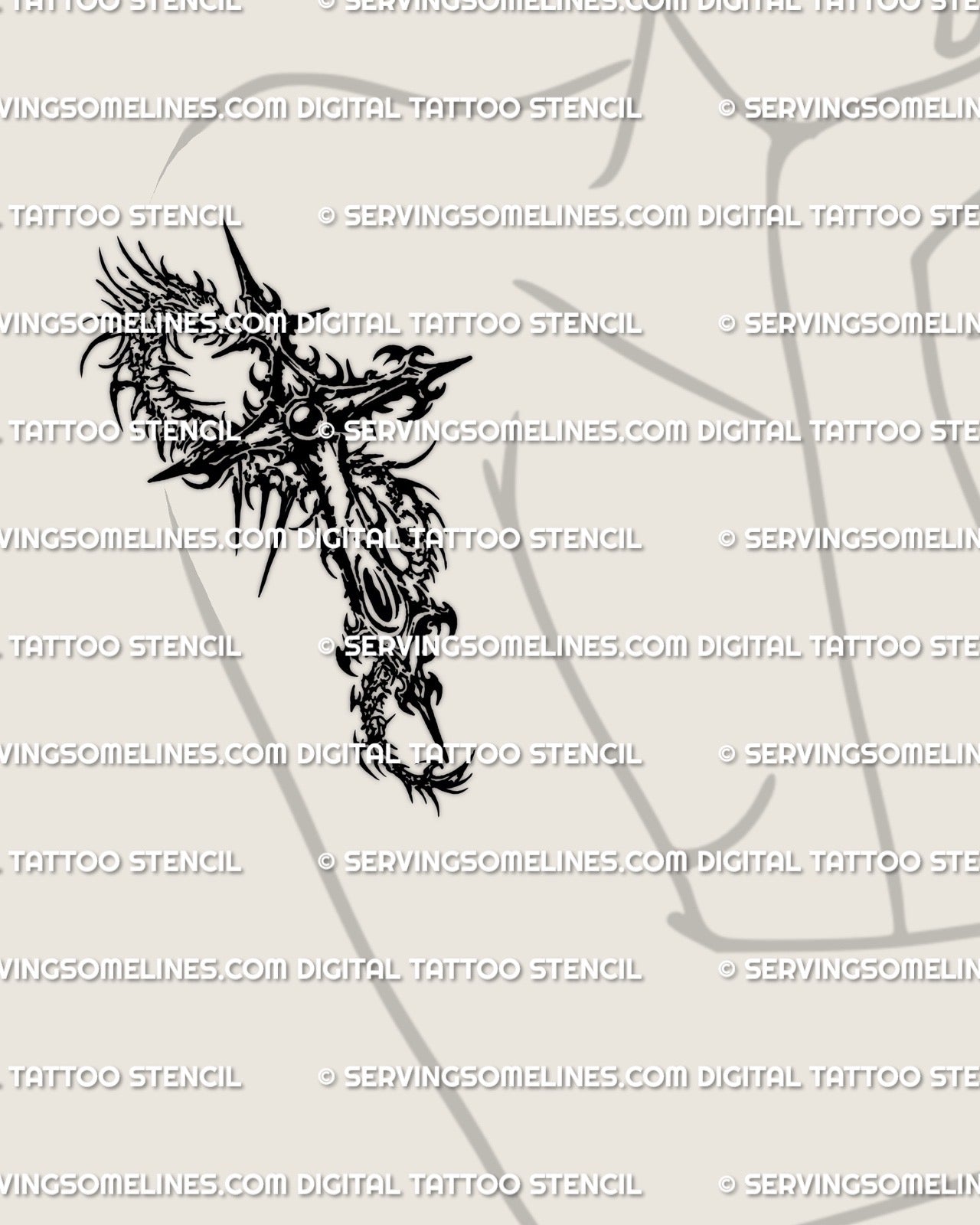 Dark dragon cross tattoo stencil displayed on a womens upper arm placement, combining gothic mood with clean stencil linework.