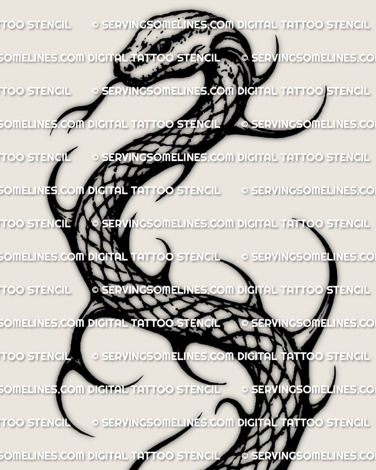 Close view of coiled snake tattoo stencil, textured scale pattern and spiked accents, high resolution printable stencil file download
