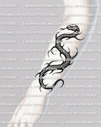 Coiled snake tattoo stencil shown on forearm placement example, long vertical serpent outline that stays readable when resized